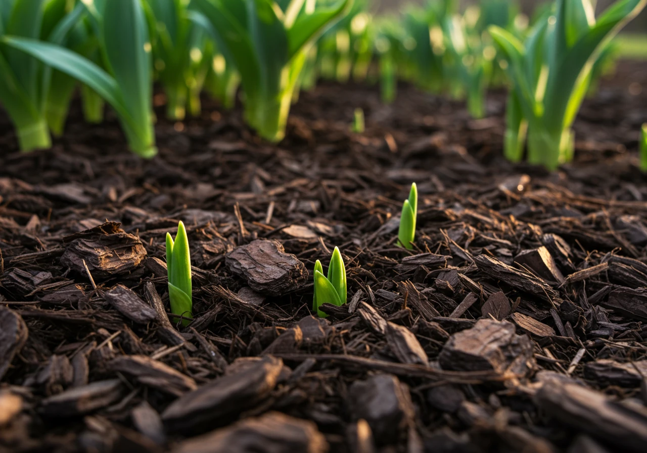 An image showcasing proper mulching around the base of a recovering perennial plant in early spring. It should show a layer of about 2-3 inches of dark brown, shredded bark mulch neatly applied around the plant base, leaving a small gap directly around the emerging stems/crown. The soil beneath the mulch should look moist.