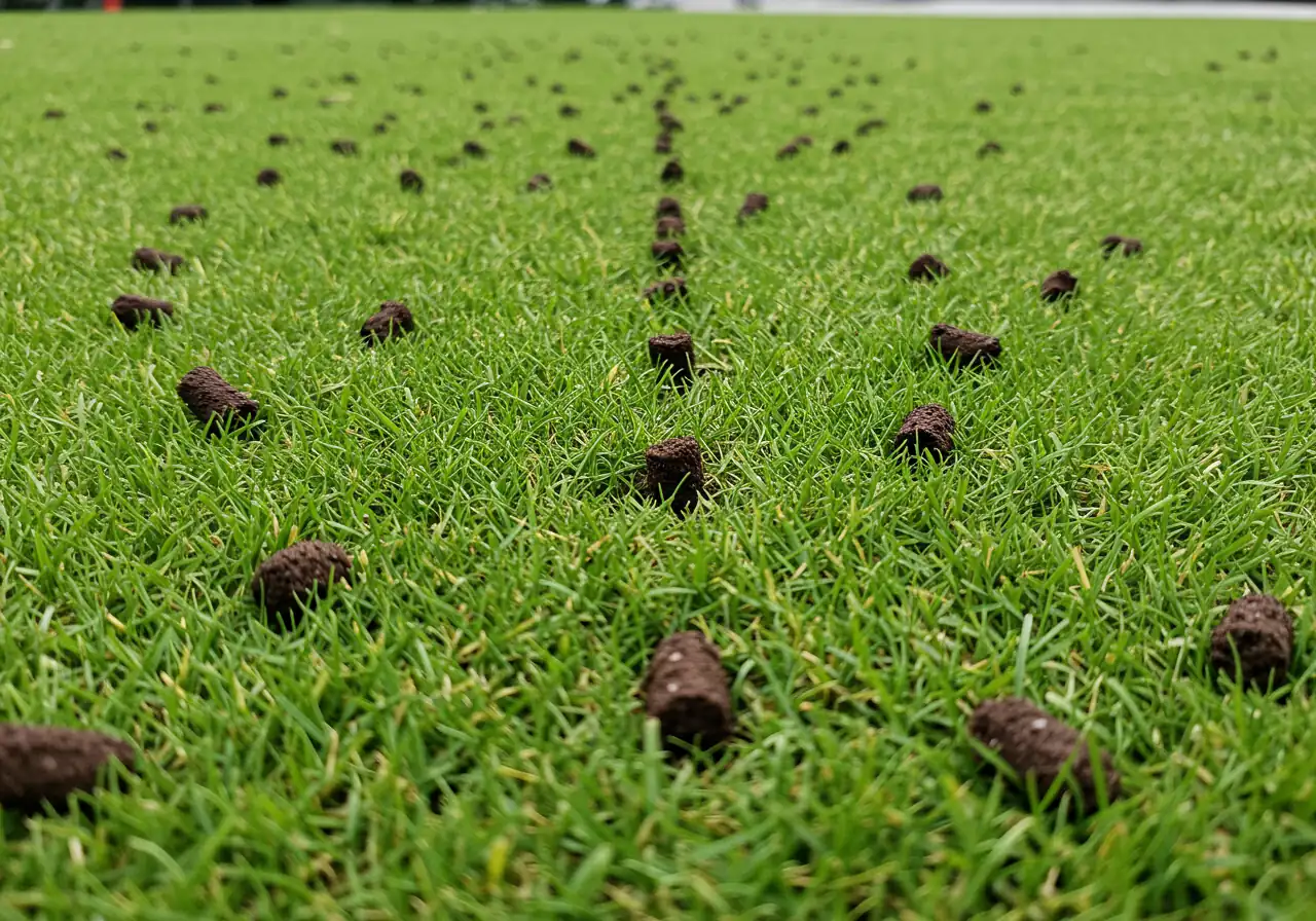 Illustrate the lawn aeration process described. This image should show a section of lawn surface immediately after core aeration, featuring the characteristic pattern of small holes and the resulting soil plugs scattered on the grass.