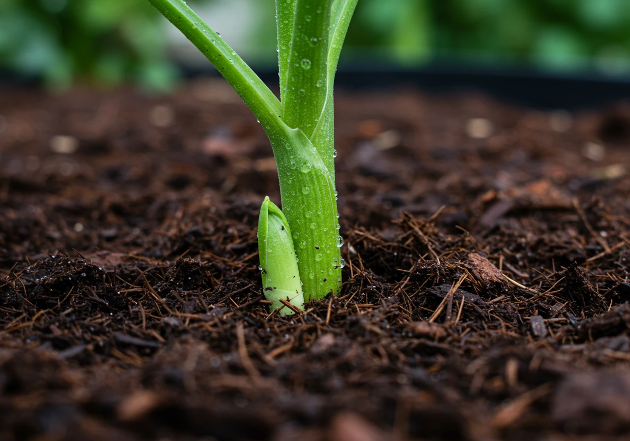 A low-angle, close-up photograph showing the base of a healthy garden plant (like a Hosta leaf edge or Daylily stem). The soil around the plant base is covered with a thick, even layer (2-3 inches) of dark brown shredded bark mulch. A few water droplets might be visible on the mulch or plant base, suggesting recent watering or morning dew. This clearly illustrates the concept of applying mulch around plants.