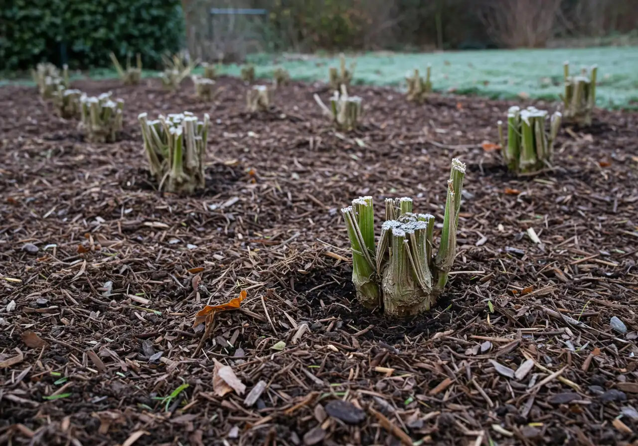 A close-up, ground-level shot focusing on the base of several dormant perennial plants (like hostas or daylilies after dieback) in a garden bed. A thick, even layer (approx. 3 inches) of shredded leaf mulch or dark bark mulch is carefully applied around the base of the plants, pulled back slightly from the very center crowns. The soil beneath looks dark and moist, suggesting late fall conditions before a hard freeze. Some dried leaves might be scattered lightly on top.