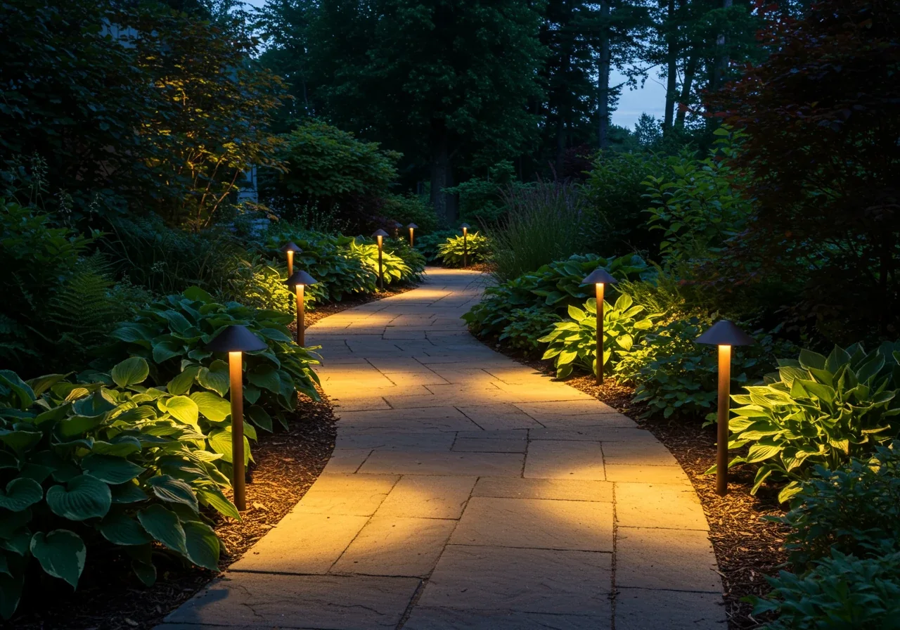 A softly lit stone pathway winding through a garden at dusk. Low-profile path lights cast warm pools of light downwards onto the walkway, clearly illuminating the path for safe passage without creating glare. Lush foliage borders the path, hinting at a well-maintained garden.