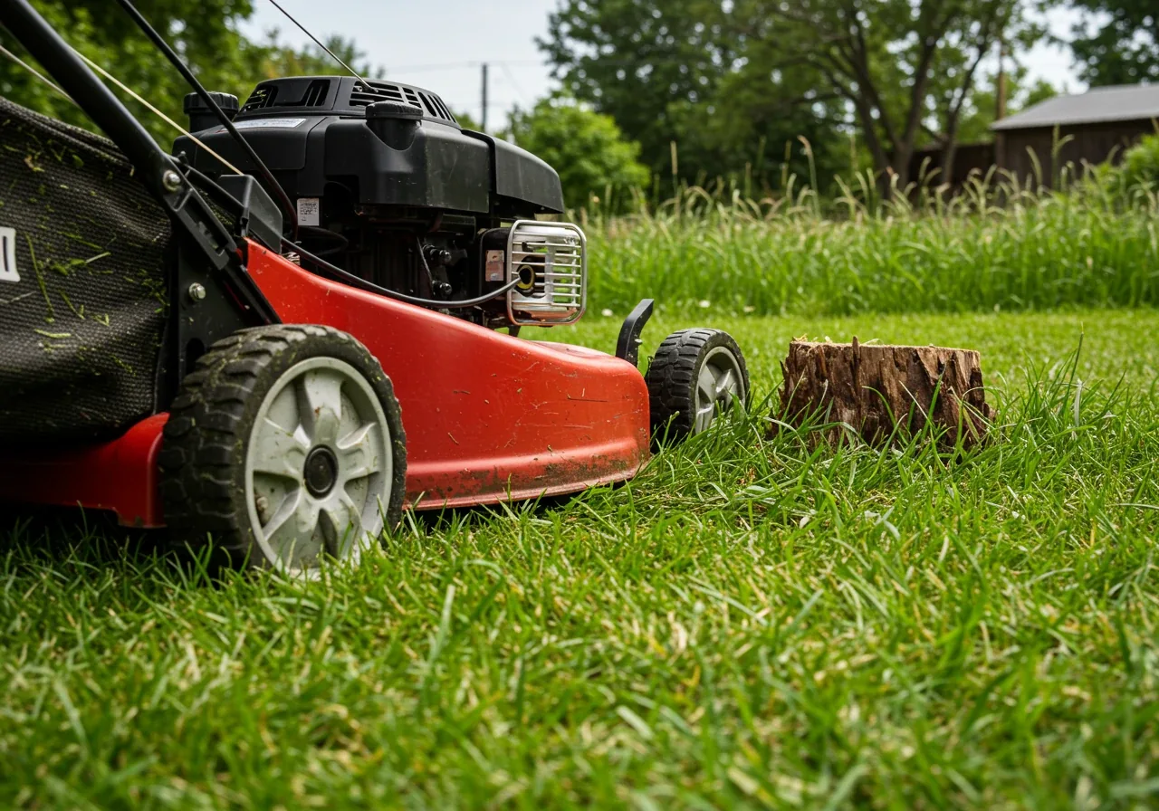 A low-angle shot capturing a push lawnmower positioned right beside a low-cut, partially obscured tree stump in a green lawn. This angle should emphasize the stump as a hidden hazard for mowing equipment, highlighting the potential for damage.