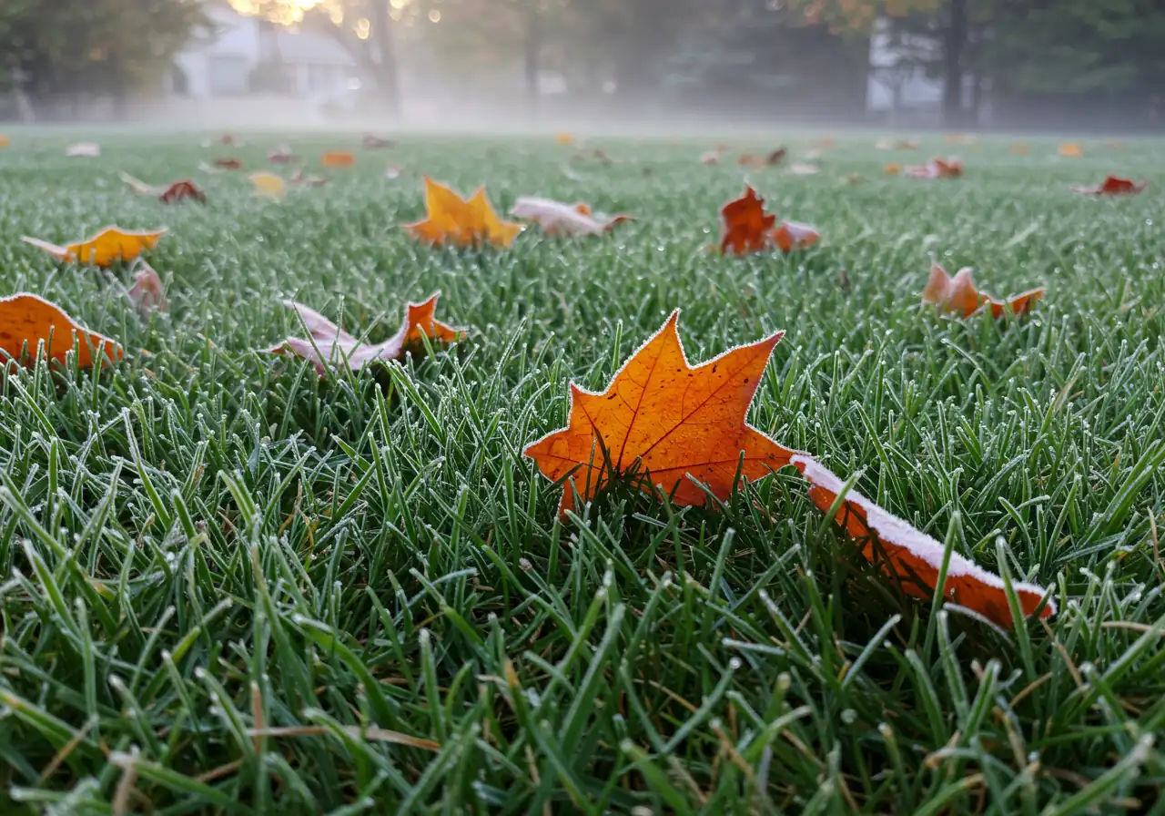 A low-angle perspective of a healthy, predominantly green lawn captured during the crisp air of late autumn in the Ottawa region. A scattering of vibrant red and orange fallen maple leaves rests sparsely on the grass. A subtle hint of glistening frost is visible on the very tips of some grass blades, signifying the cooling temperatures. The scene is bathed in soft, cool, slightly hazy morning sunlight.