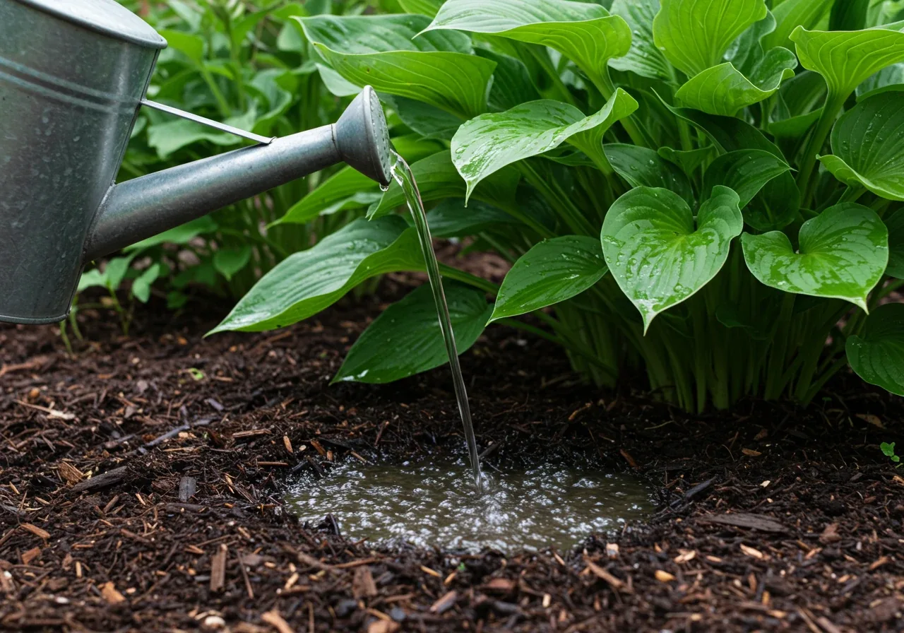 An image demonstrating proper watering technique. A low-angle shot showing water gently flowing from the spout of a metal watering can directly onto the dark, mulched soil at the base of a leafy green plant (like a hosta or coral bell), deliberately avoiding wetting the foliage.