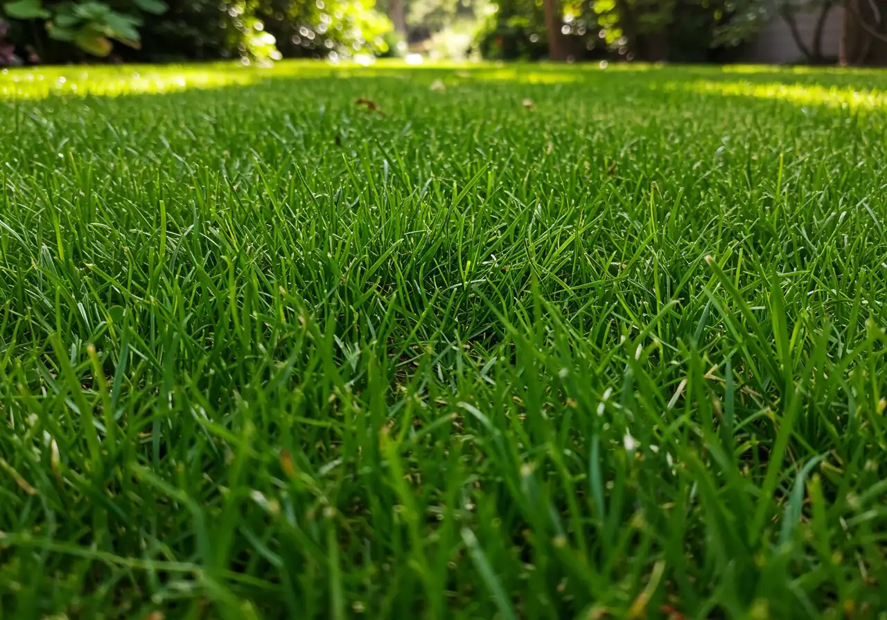 A low-angle view across a lush, healthy lawn clearly demonstrating the effect of 'mowing high' (3-4 inches), showing tall, dense grass blades that help shade the soil.