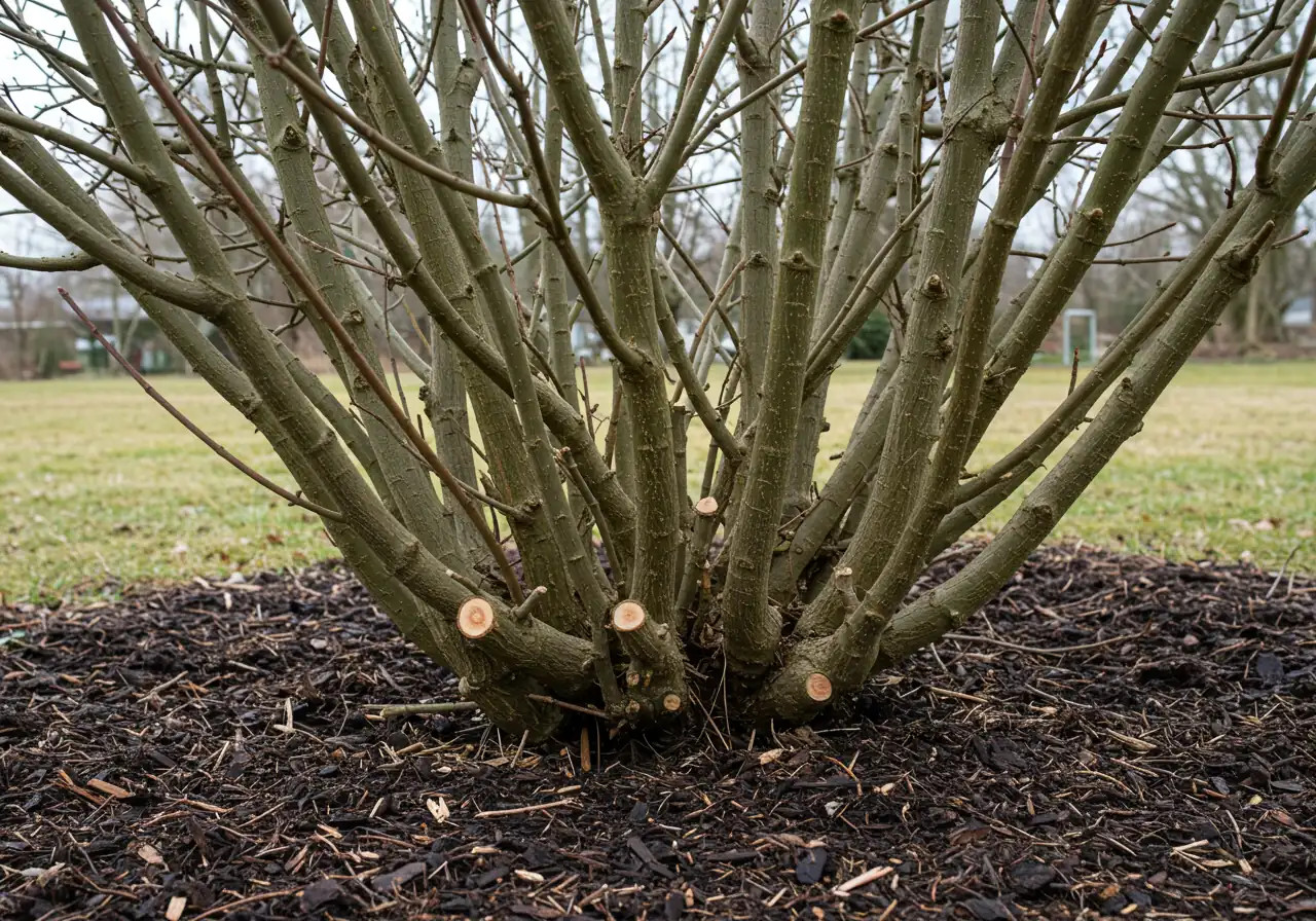 An image depicting the immediate result of 'Hard Renovation Pruning'. It should show the base of a multi-stemmed shrub (like a potentilla or dogwood) cut back drastically, leaving only short stumps (6-12 inches) emerging from the ground or mulch. This illustrates the 'All In' approach clearly.