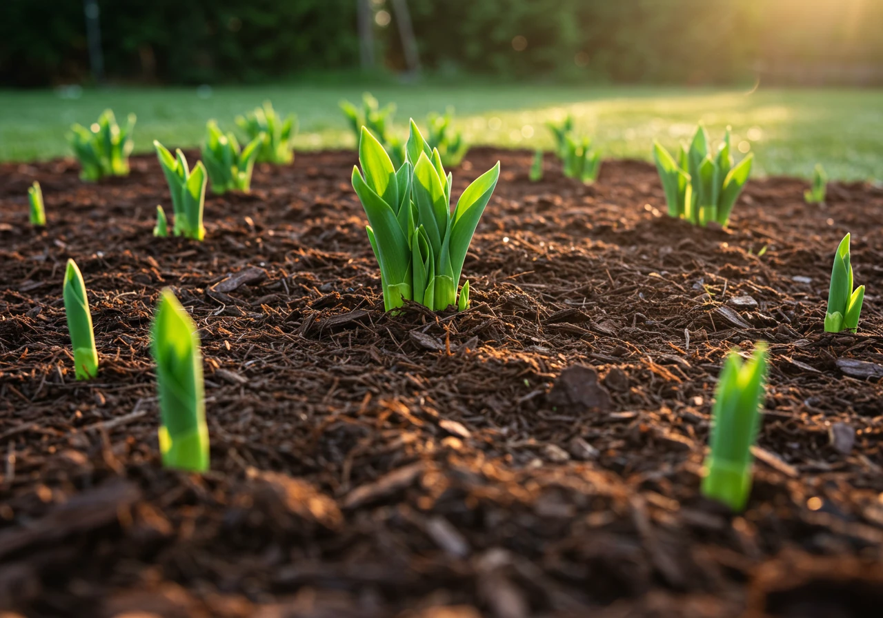 A clear, ground-level shot looking across a garden bed where a consistent 2-3 inch layer of dark brown shredded bark mulch covers the soil surface around the base of several healthy perennial plants (e.g., daylilies or coral bells). Importantly, the image should clearly show that the mulch is pulled back slightly from the plant stems, leaving a small ring of bare soil directly around the base of each plant.