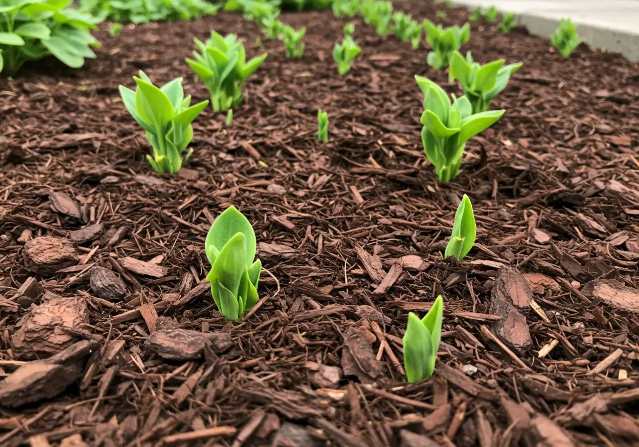 A visually appealing shot of a well-mulched garden bed. Shows a thick, even layer (2-3 inches) of dark brown shredded bark mulch spread around the base of several healthy, vibrant green plants (e.g., hostas, ferns). Crucially, the mulch is pulled back slightly from the plant stems/crowns.