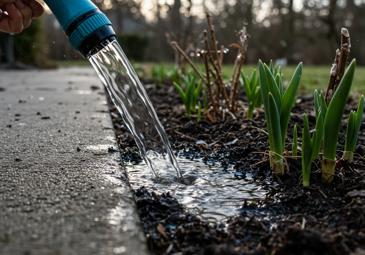 An image depicting water from a garden hose deeply soaking the soil at the base of plants located near a sidewalk or driveway edge. The focus should be on the water penetrating the dark, thawing earth, illustrating the 'flushing' technique.