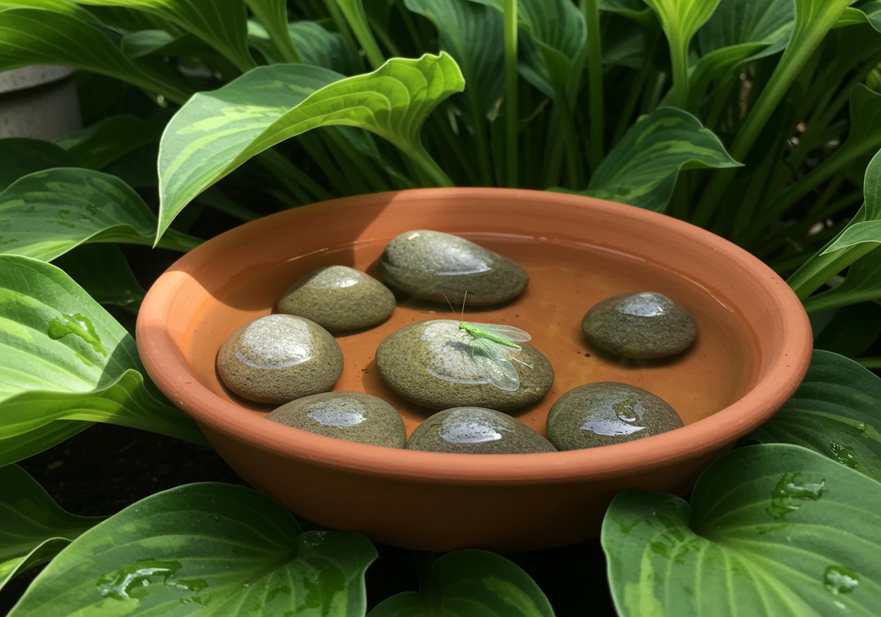 An image illustrating one of the simple habitat features discussed. A good example would be a shallow dish filled with pebbles and water placed in a garden setting, perhaps with a beneficial insect like a lacewing or hoverfly near the edge, demonstrating a safe water source.