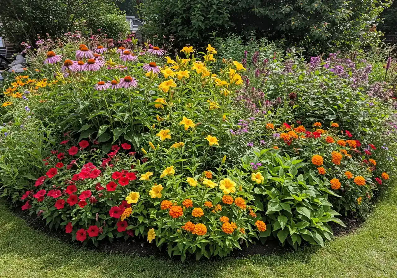 A vibrant, aesthetically pleasing photograph of a mixed garden border showcasing both perennials and annuals blooming simultaneously. Include recognizable Zone 5 hardy perennials like purple coneflowers (Echinacea) or daylilies (Hemerocallis) providing structure, integrated with colourful, filler annuals like bright petunias or marigolds. The image should convey a sense of lushness, colour variety, and successful planting design.