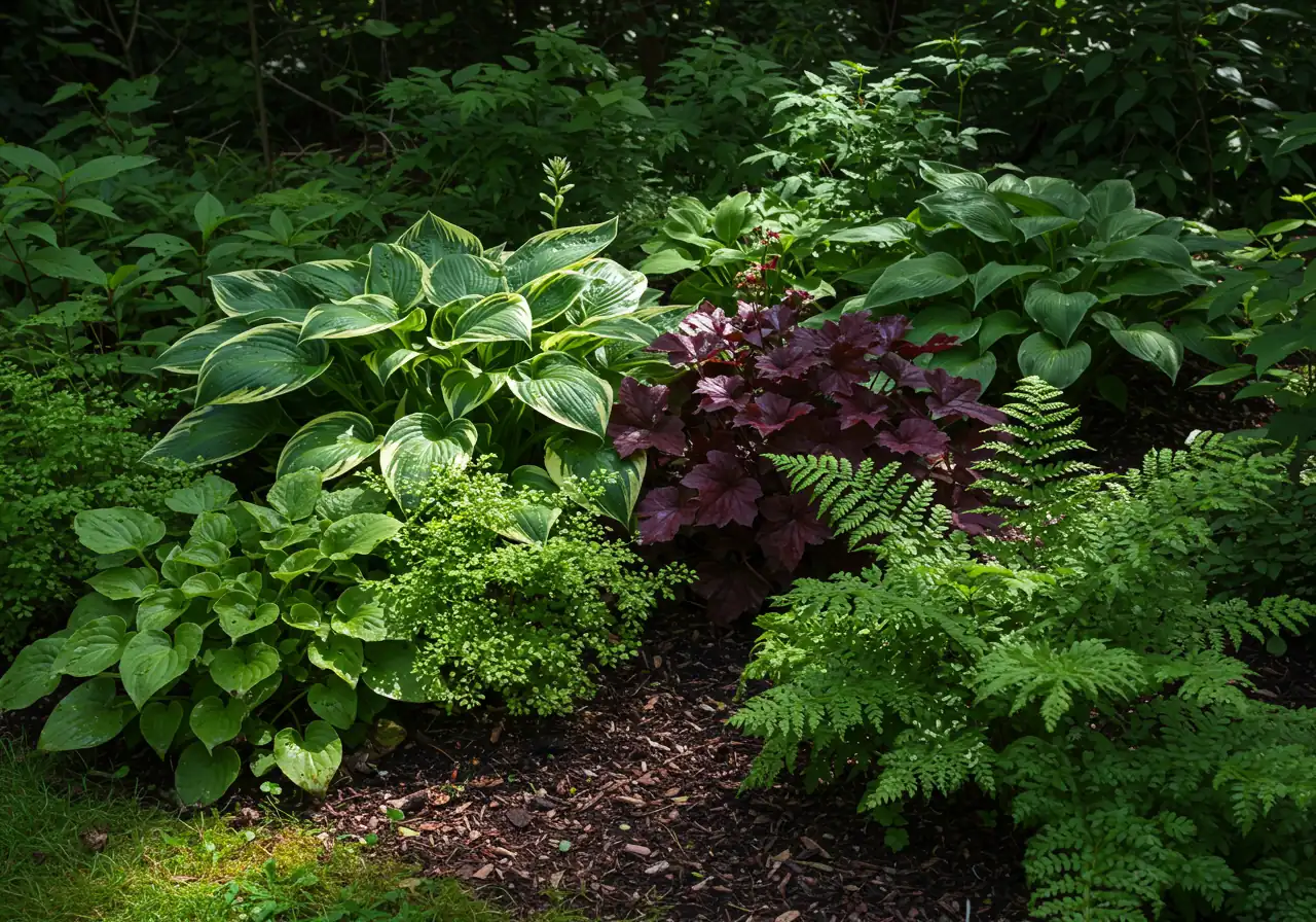 A beautiful, tranquil shade garden vignette. Showcase a variety of shade-loving plants with different textures and forms, such as large, variegated Hostas, delicate, lacy ferns (like Maidenhair Fern), and perhaps the colorful foliage of Heuchera (Coral Bells) in burgundy or lime green. The lighting should be soft, dappled sunlight filtering through unseen tree leaves, creating a cool, inviting atmosphere.