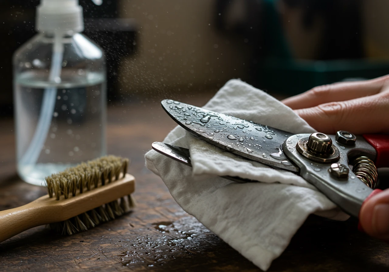 Close-up action shot focusing on Step 3: Disinfecting. Shows the blades of bypass pruners being wiped with a clean cloth saturated with clear liquid (implying disinfectant like alcohol), next to an open spray bottle of isopropyl alcohol and a small stiff-bristled brush resting on a workbench surface. No hands visible.