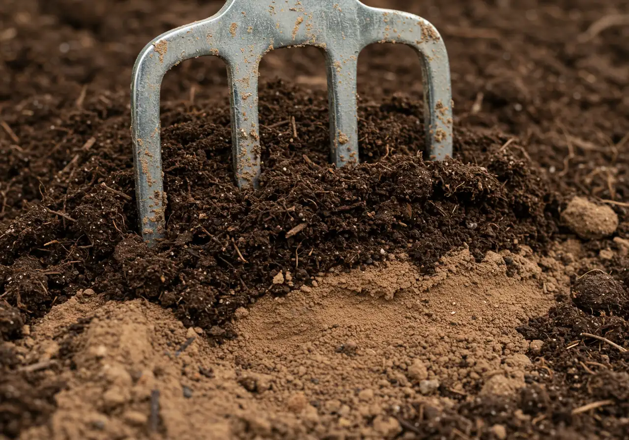 A detailed close-up shot focusing on the texture contrast where dark, rich, crumbly compost is being lightly mixed into denser, lumpier, lighter-coloured clay soil. Tines of a digging fork (only the tines visible) should be shown gently lifting and incorporating the amendment. The image needs to clearly differentiate the two soil types and illustrate the beginning of the mixing process, emphasizing improved soil structure.