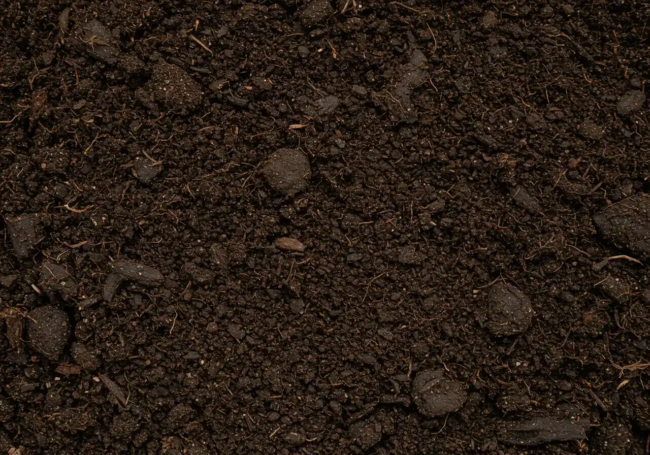 A close-up, detailed overhead shot of rich, dark, finished compost. The texture should be visible – crumbly, slightly moist, with small identifiable pieces of decomposed organic matter (like tiny leaf fragments or fibers). The focus is on the quality and earthy richness of the compost, representing the primary soil amendment discussed.
