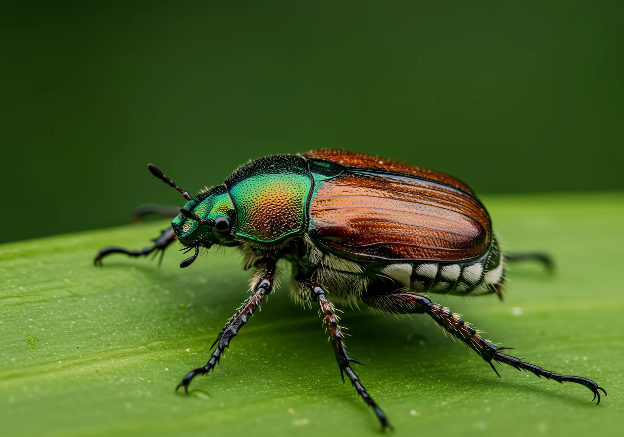 A detailed macro photograph focusing on a single, metallic green and copper Japanese beetle resting on a green leaf, possibly showing minor skeletonized feeding damage on the leaf edge. The image needs to be sharp enough to clearly show the characteristic five white tufts of hair along the side of the beetle's abdomen for identification purposes.