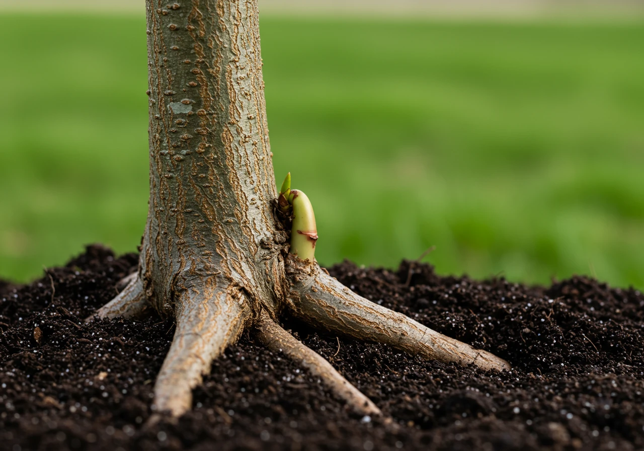 A photograph illustrating the common mistake of planting too deeply. It shows a young tree trunk disappearing straight into the soil or mulch without any visible root flare at the surface level. The image should emphasize the lack of flare.