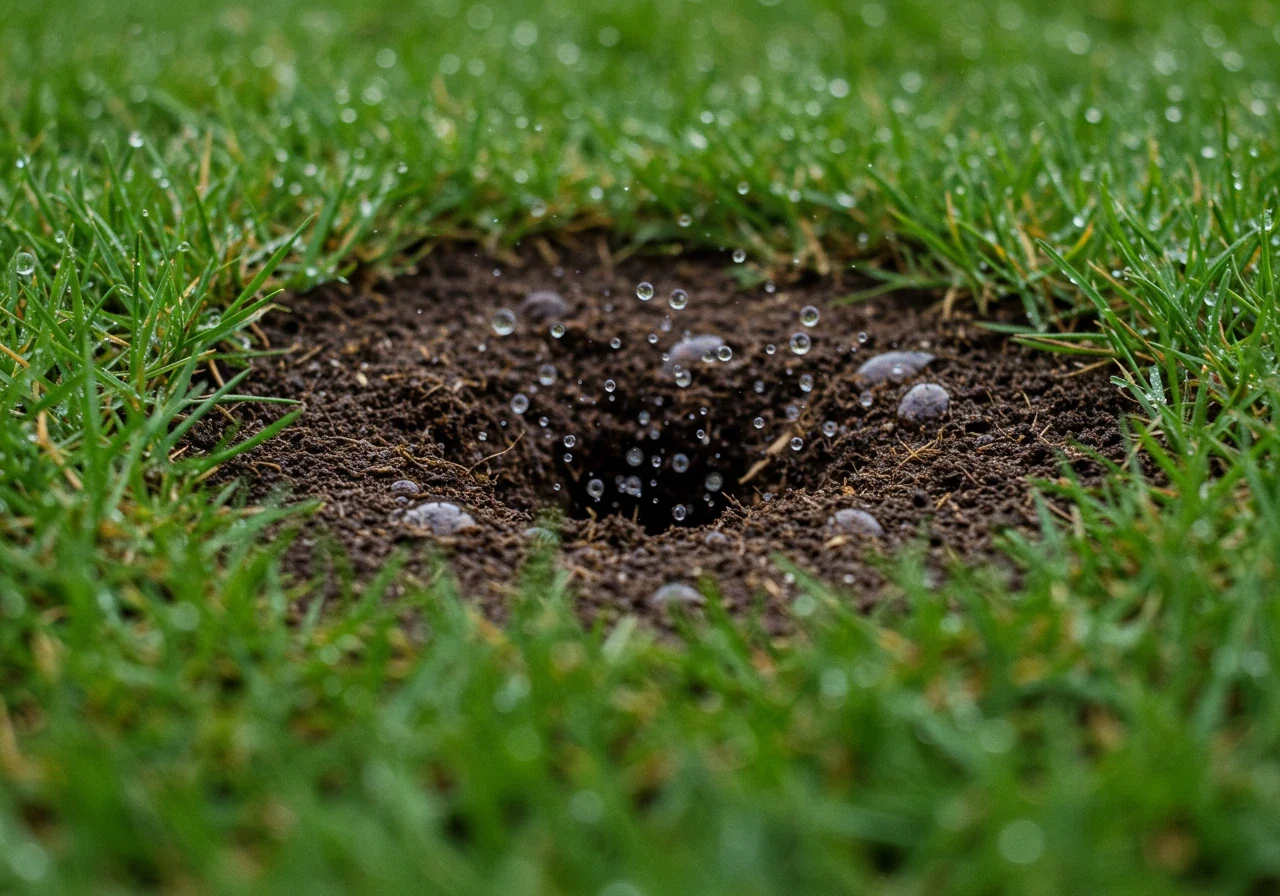 A close-up, ground-level shot focusing on water droplets rapidly soaking into the soil within and around a recently created aeration hole in a lawn. The surrounding grass blades might have dew drops. This visually demonstrates improved water infiltration.