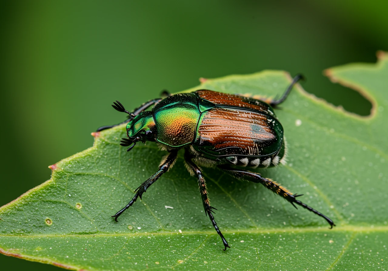 A detailed macro shot of a metallic green and bronze Japanese beetle resting on a green plant leaf. The leaf might show some minor signs of skeletonization damage typical of this pest. The focus is sharp on the beetle, highlighting its distinct colours and features, representing a common garden pest mentioned.