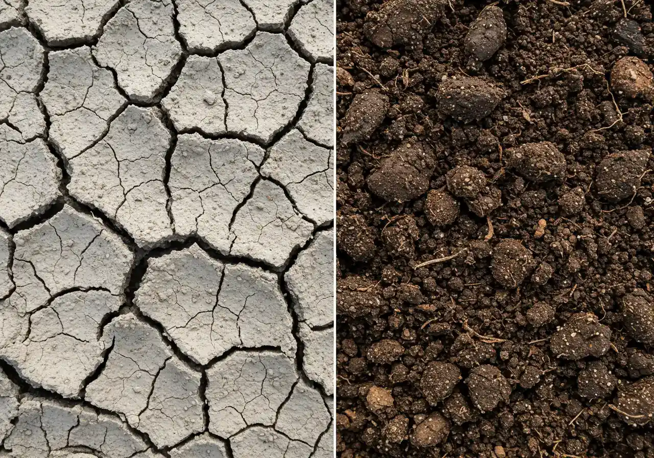 A detailed close-up photograph showing two distinct soil types next to each other. On one side, dry, cracked, light-greyish-brown heavy clay soil. On the other side, dark, moist, crumbly loam soil richly amended with visible dark compost and organic matter. The transition between the two textures should be clear. Natural lighting.