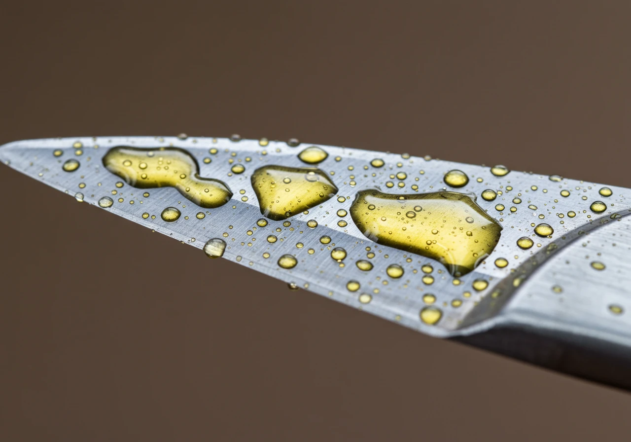A macro shot illustrating the protective oil barrier. Focus closely on the clean, sharpened metal blade of a pair of loppers or shears. A thin, even film of clear oil glistens on the surface, catching the light and showing subtle reflections. The oil coating should look protective and water-repellent, emphasizing the concept of a 'shield'.