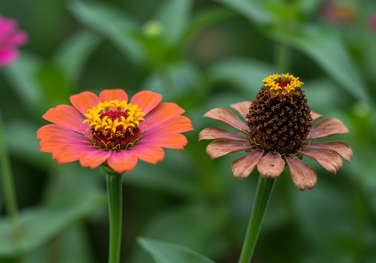A close-up, detailed photograph comparing a fresh, vibrant flower (like a marigold or zinnia) next to a faded, spent bloom on the same plant stem. This visually demonstrates what gardeners should look for when identifying flowers ready for deadheading.