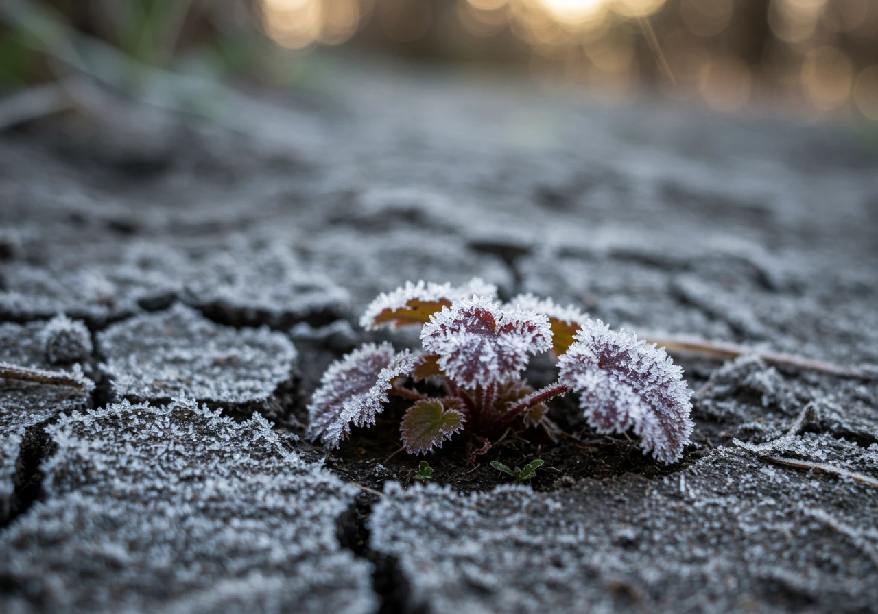 A close-up visual illustrating frost heave, showing a small perennial plant (like a Hosta or Heuchera) slightly lifted out of the cold, cracked soil. The soil surface should have visible frost crystals, emphasizing the freeze-thaw effect described in the text.