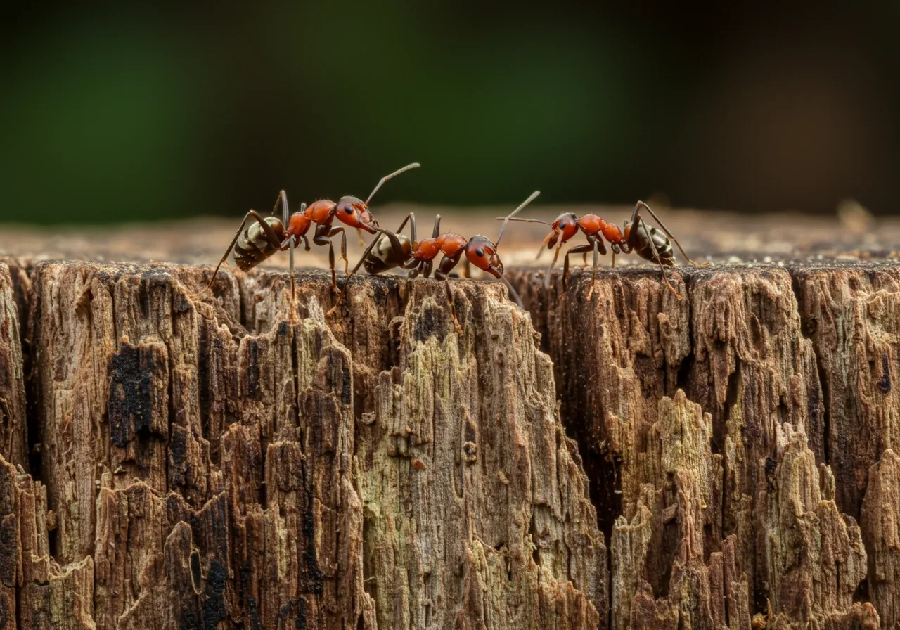 A detailed macro photograph focusing on carpenter ants or termites actively crawling on the rough, decaying surface of an old tree stump. The wood should look weathered, perhaps with some moss or fungi visible, emphasizing the stump as a habitat for pests.
