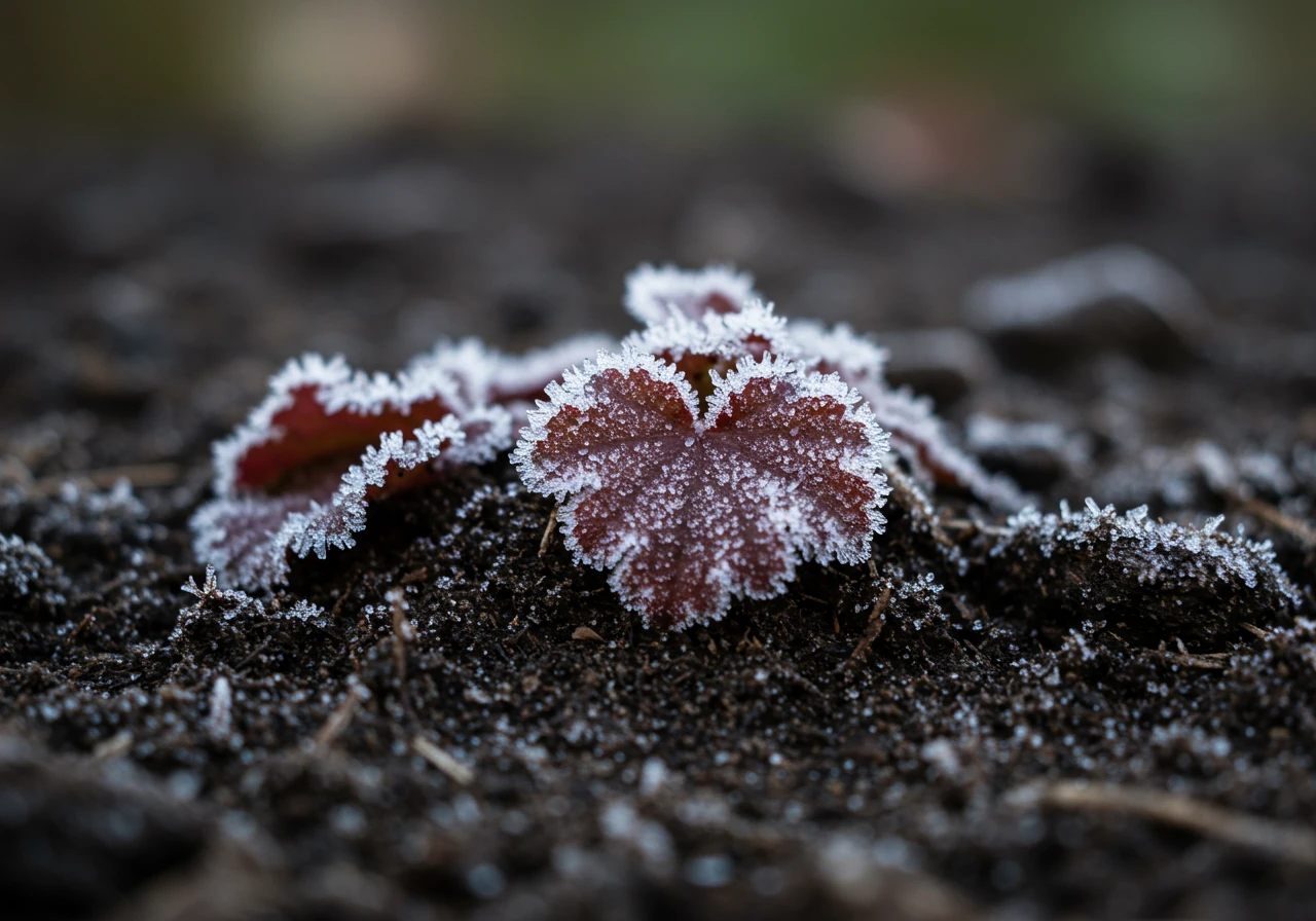 A close-up image illustrating the 'freeze-thaw tango' effect. It should show a small dormant perennial plant, like a coral bell or hosta crown, visibly pushed slightly upwards out of dark, moist garden soil by frost heave. Tiny ice crystals could be visible on the soil surface and the base of the plant, suggesting cold temperatures.