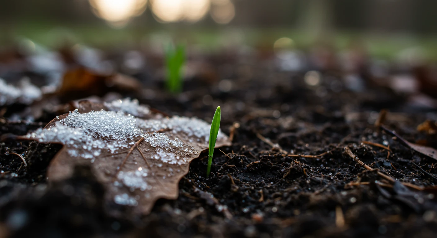 An evocative close-up image capturing the transition from winter to spring in a Nepean garden setting. Focus on melting snow patches revealing dark, damp earth beneath. Include textures like wet, decaying leaves mixed in the slush, and perhaps a tiny, bright green sprout tentatively emerging, symbolizing new life.
