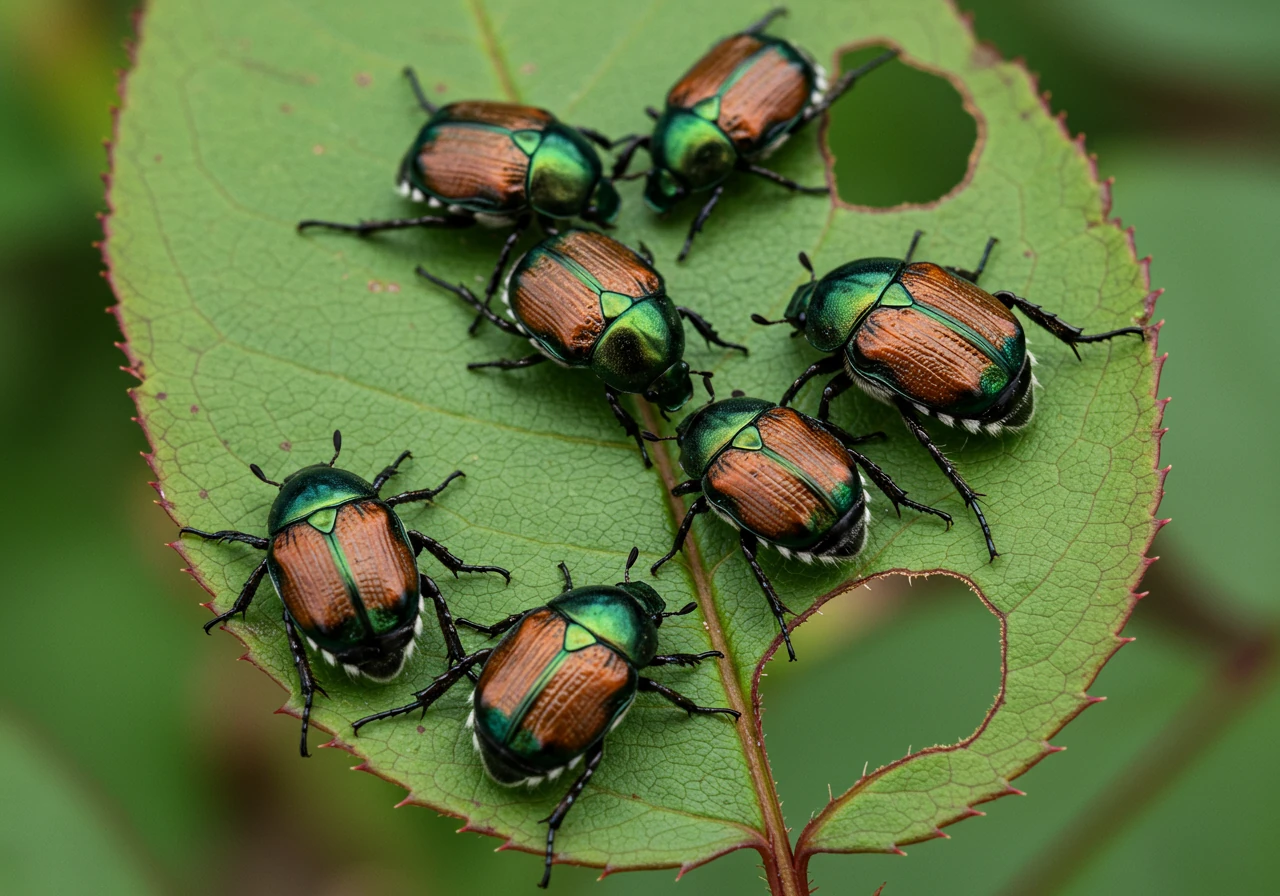 A detailed close-up image focusing on Japanese Beetles clustered on a plant leaf (like a rose or grape leaf), clearly showing their metallic green and copper appearance and the characteristic 'skeletonized' or lacy feeding damage they cause.