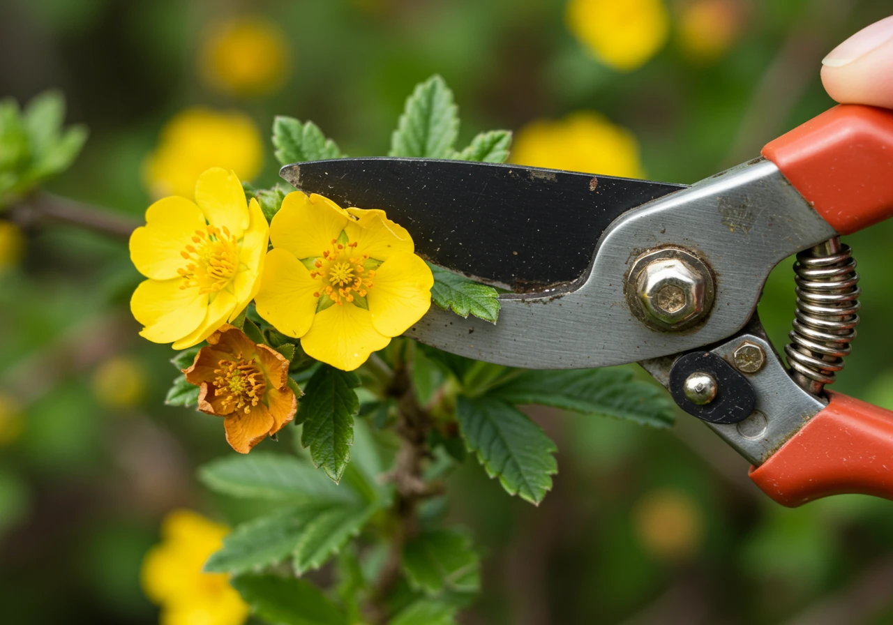 A close-up image demonstrating the correct pruning of a specific plant type mentioned, like deadheading a summer-blooming shrub. For instance, showing bypass pruners about to snip a spent Potentilla flower.