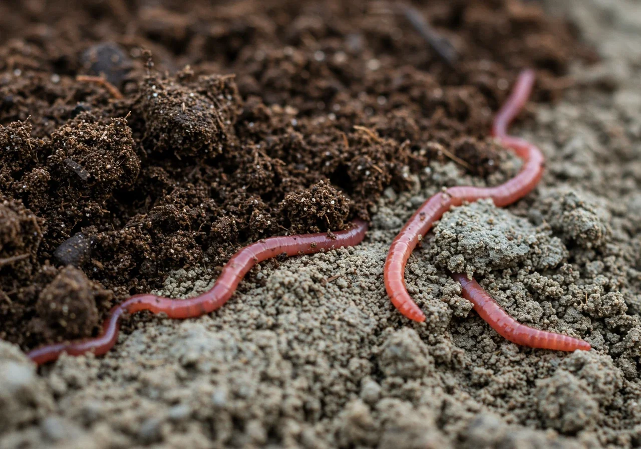 A close-up, detailed photograph showing rich, dark, crumbly compost being gently mixed into lighter-colored, dense clay soil. The image captures the contrasting textures as they begin to integrate. A few healthy earthworms could be subtly visible within the amended soil mix. No tools or hands shown.