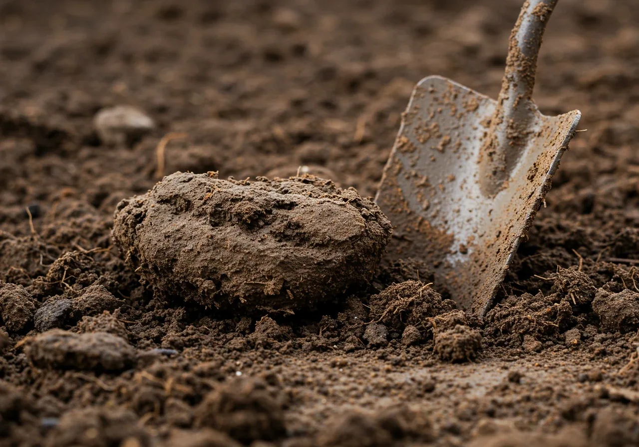 A close-up, textured photograph clearly showing the dense, clumpy nature of heavy clay soil. The image should highlight the fine particles and potential stickiness or hardness, perhaps with a small garden trowel slightly embedded to show resistance, but no hands visible.