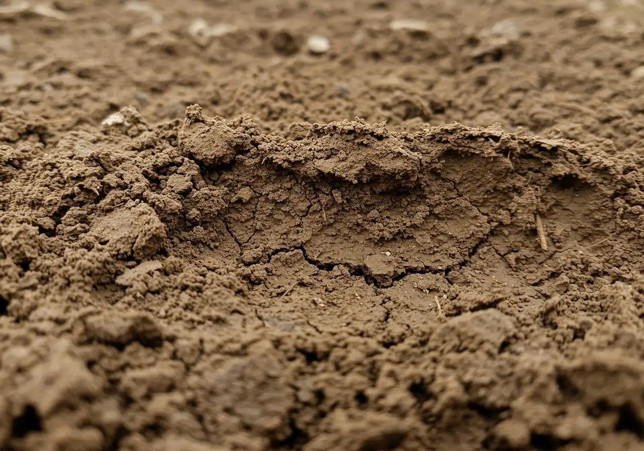 A close-up, textured photograph showing the physical characteristics of heavy clay soil. The image should emphasize the dense, fine-particle nature, perhaps showing slight cracking if dry or a sticky, smooth surface if slightly damp, to visually represent the challenges described.