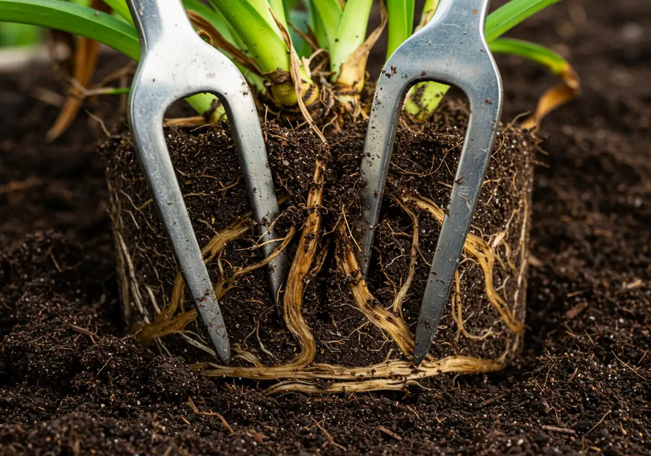 A close-up action shot illustrating Step 2, specifically the 'Easy Peasies' method. It should show a clump of fibrous-rooted perennials (like daylilies) lifted from the ground, with two digging forks inserted back-to-back into the root mass, actively prying the clump apart. Focus on the roots and forks, with soil clinging to the roots.