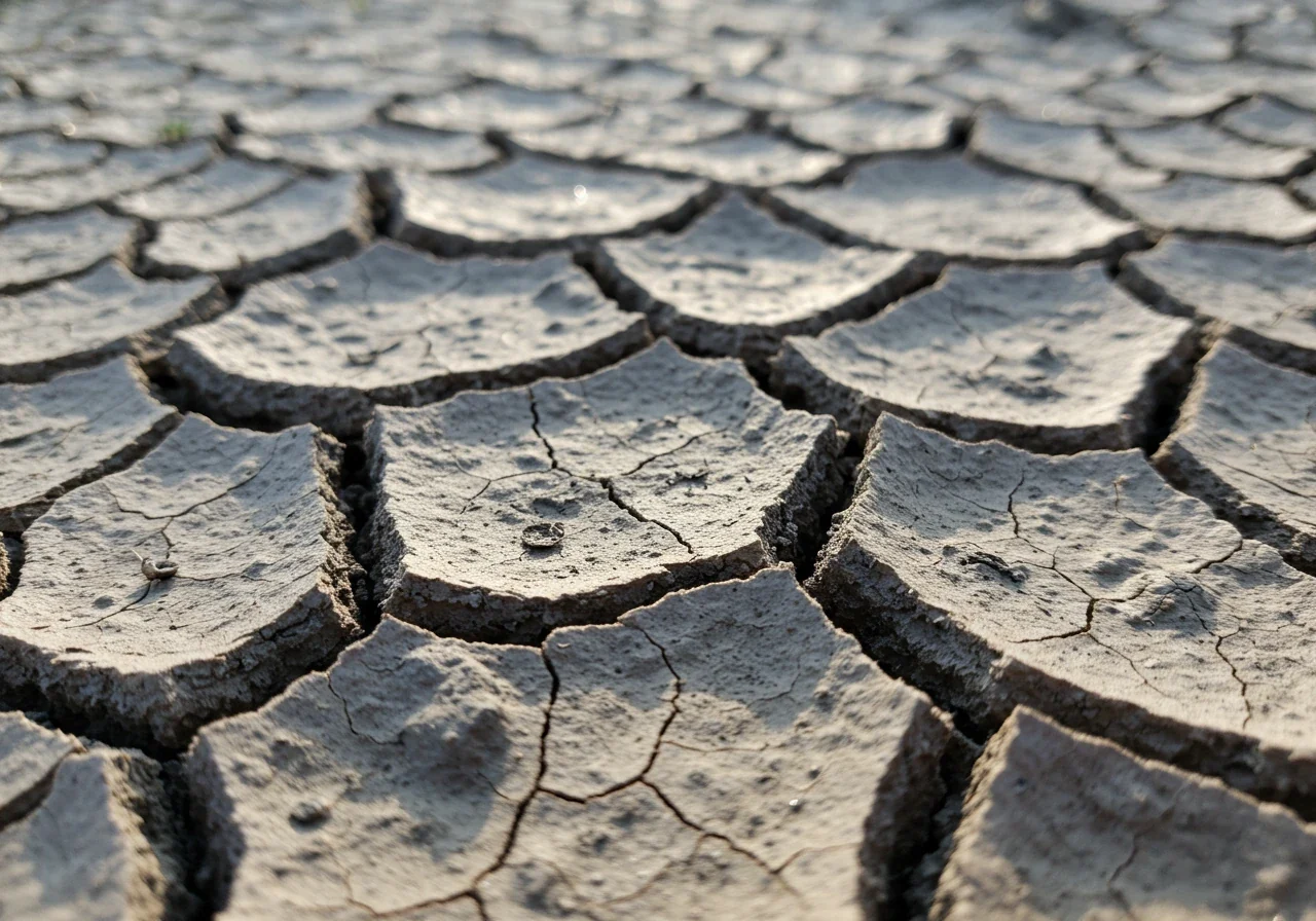 A close-up, detailed photograph illustrating the challenge of local clay soil. The image shows dry, cracked clay soil baked hard under the summer sun, emphasizing the difficult texture and potential water absorption issues discussed in the section.