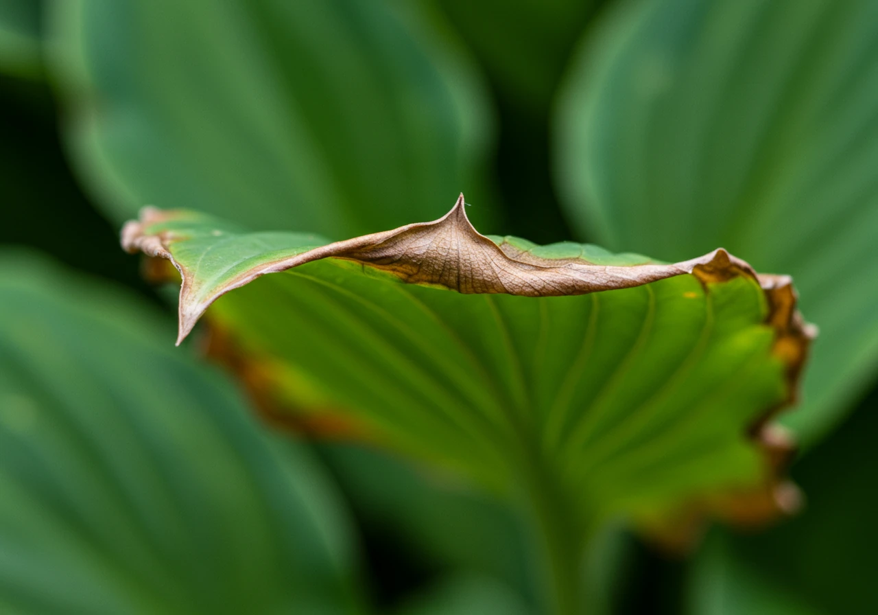 A detailed close-up macro photograph focusing on the edge of a single green hosta leaf showing distinct brown, crispy edges characteristic of sun scald or water stress. The rest of the leaf should be mostly green but perhaps slightly dull. Soft, blurred garden background.