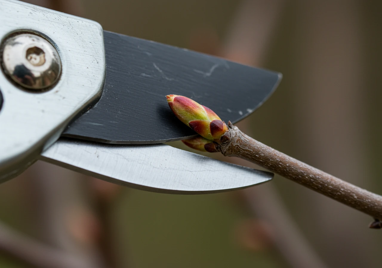A macro shot demonstrating the correct pruning technique. Focus on clean bypass pruner blades positioned to make an angled cut just above a healthy bud on a woody shrub stem. No hands are visible, emphasizing the tool and technique.