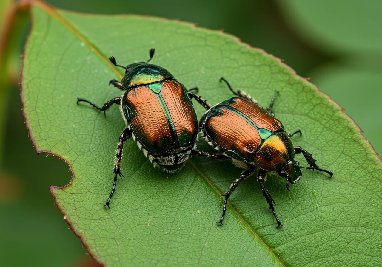 A macro photograph identifying a common summer garden pest mentioned in the article, such as Japanese beetles. The image should show one or two metallic green-and-copper beetles clearly visible on a green leaf (perhaps a rose or bean leaf), highlighting their distinctive appearance and potentially minor leaf damage (skeletonization) without being overly graphic.