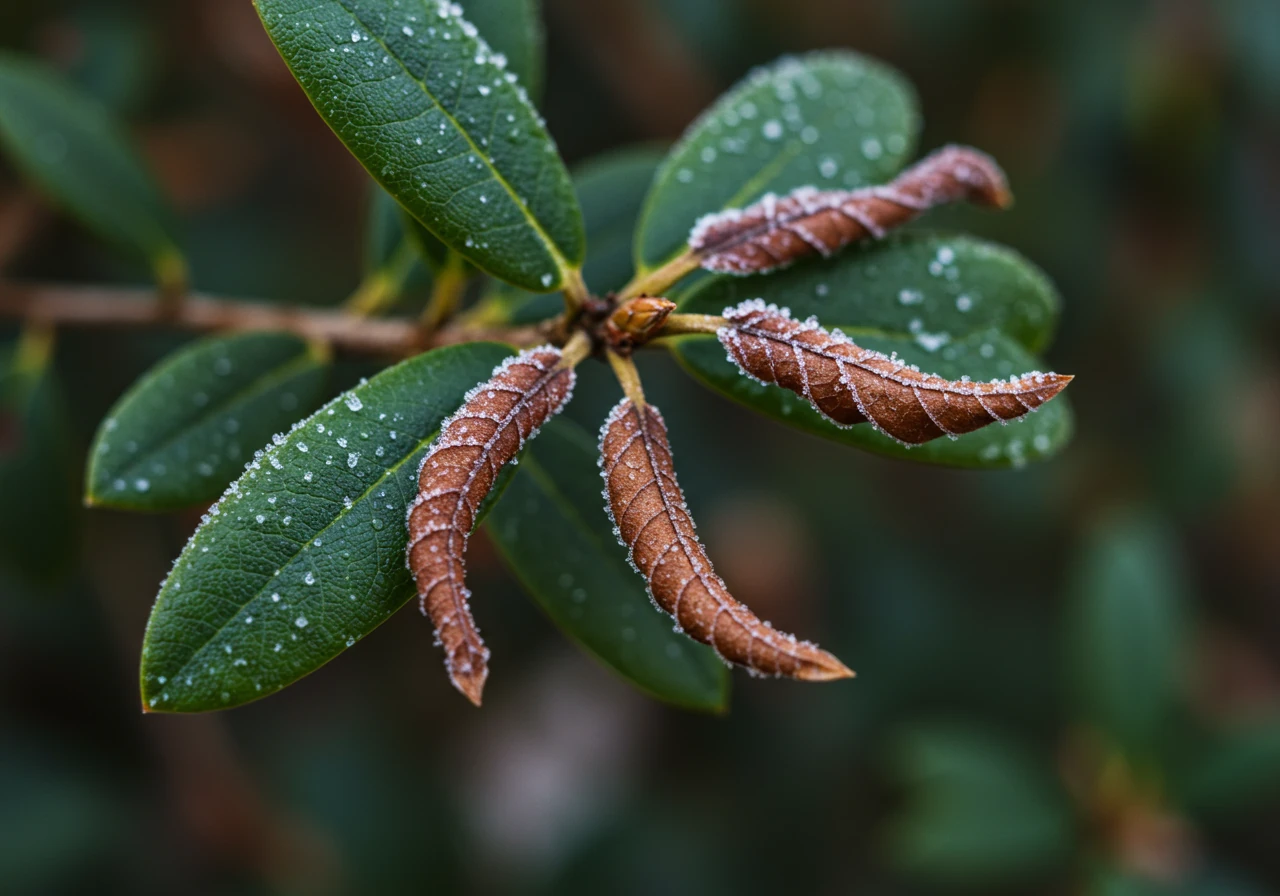 A close-up, detailed photograph focusing on the leaves of a broadleaf evergreen shrub, such as a Rhododendron or Boxwood, showing clear signs of winter damage. Some leaves should be brown, dry, and curled (windburn/desiccation), sharply contrasting with adjacent leaves that remain green but perhaps slightly dulled by the cold.