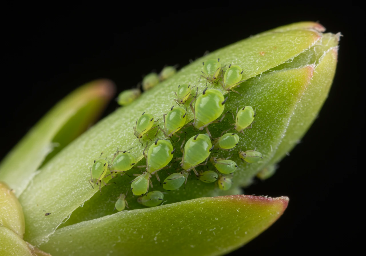 A detailed macro photograph focusing on common garden pests mentioned in the article, specifically aphids clustered on the new growth of a plant stem (e.g., a rosebud or tender shoot). The image should clearly show the small insects and their impact without being overly graphic.