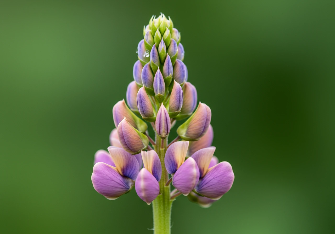A close-up photograph illustrating the signs that a lupin spike needs deadheading. The image should clearly show a single lupin flower spike where the bottom florets have faded to brown and are possibly dropping, while the top might retain some colour. Tiny green seed pods forming at the base of faded flowers could also be visible.