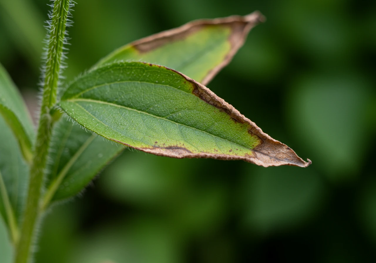 A close-up photograph focusing specifically on the leaves of a common rain garden perennial (e.g., Black-Eyed Susan or Coneflower) showing distinct signs of drought stress. The leaves should appear slightly floppy or wilted, with subtle browning or crisping visible along the edges, clearly illustrating the visual cues mentioned in the article for needing water. The background should be softly blurred green foliage.