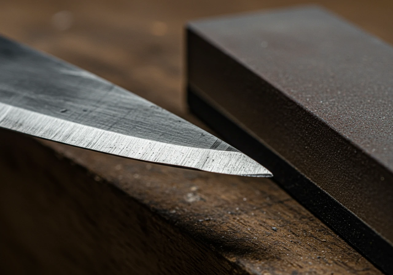 A macro shot focusing on the clean, bevelled cutting edge of a garden lopper blade resting alongside a rectangular whetstone (sharpening stone). The focus is tight on the textures of the metal blade and the abrasive stone surface, implying the sharpening process without showing hands.