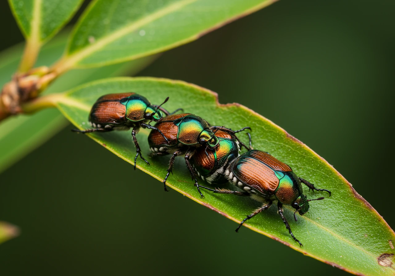 A detailed close-up image of several metallic green and bronze Japanese beetles feeding on a green leaf of a common garden shrub (like a rose or linden leaf), illustrating the pest mentioned as a timing consideration for pruning.