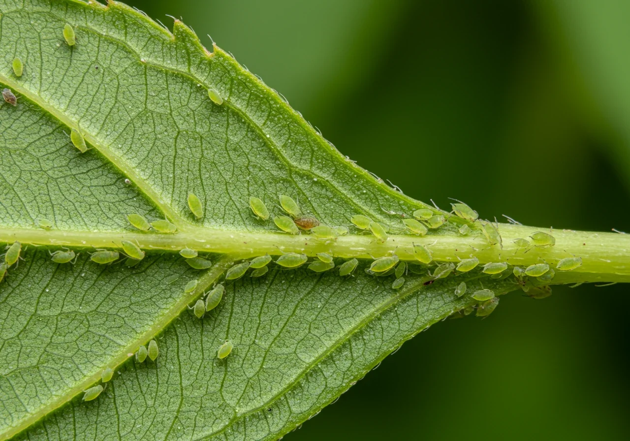 A detailed macro image focusing on the underside of a green plant leaf where several tiny, pear-shaped green aphids are clustered near the veins. The focus should be sharp on the aphids, making them clearly identifiable, illustrating a common pest found during garden monitoring.