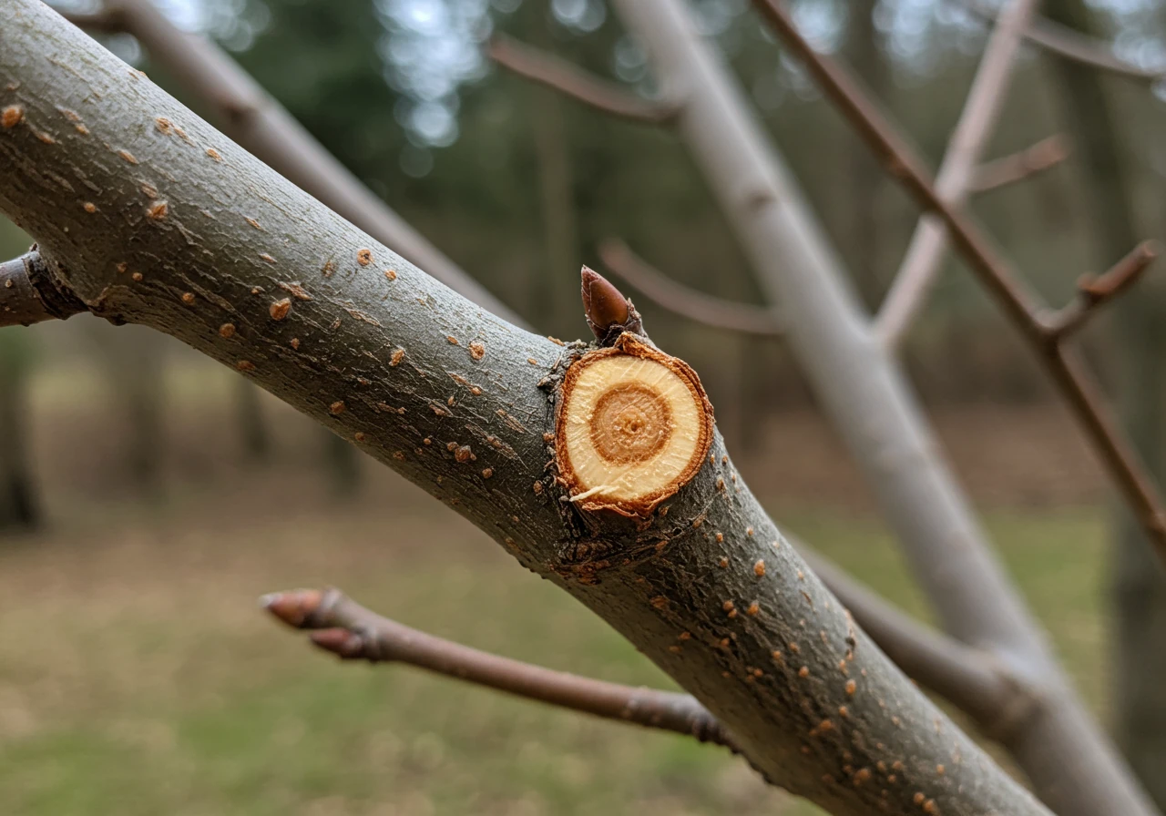A clear, close-up shot focusing on a correctly executed pruning cut on a dormant deciduous tree branch. The image must clearly show the intact, slightly raised branch collar remaining on the parent stem and the clean, angled cut surface just outside of it, illustrating the 'Kind Cut' technique.