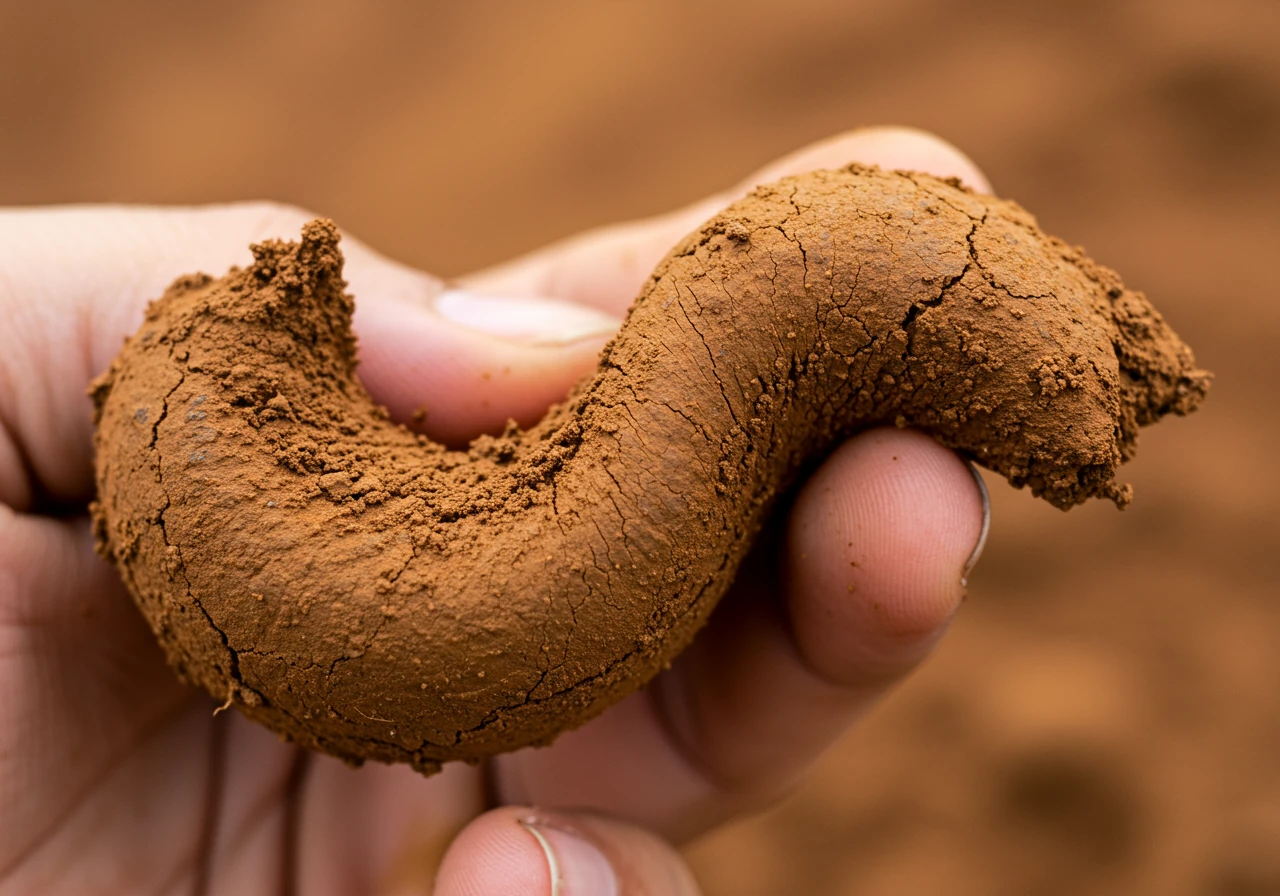 A close-up photograph illustrating the dense, fine texture of clay soil, possibly showing the 'ribbon test' result where moist soil forms a long ribbon when squeezed between fingers, highlighting its plasticity.