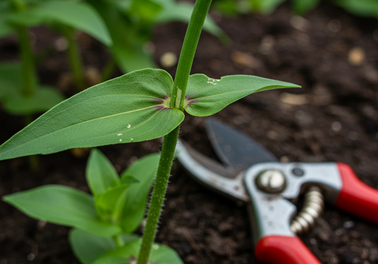 A close-up, detailed photograph focusing on a single stem of a Zinnia plant immediately after being deadheaded. A clean pair of bypass garden pruners rests beside the plant base. The focus is on the cleanly cut stem just above a set of healthy green leaves, where a faded flower head has clearly been removed. A vibrant, healthy Zinnia bloom is visible nearby on the same plant.